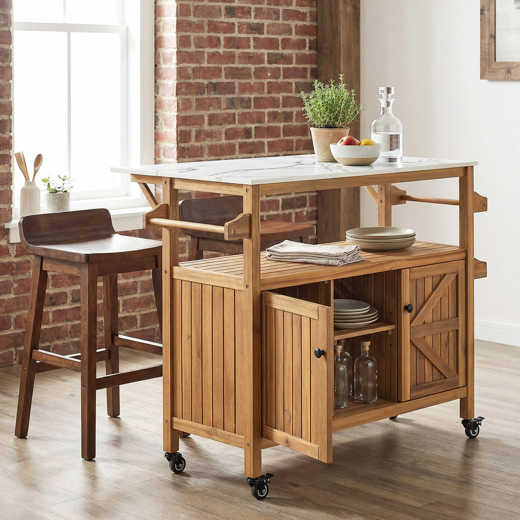 Outdoor Patio Acacia Wood Bar Cart