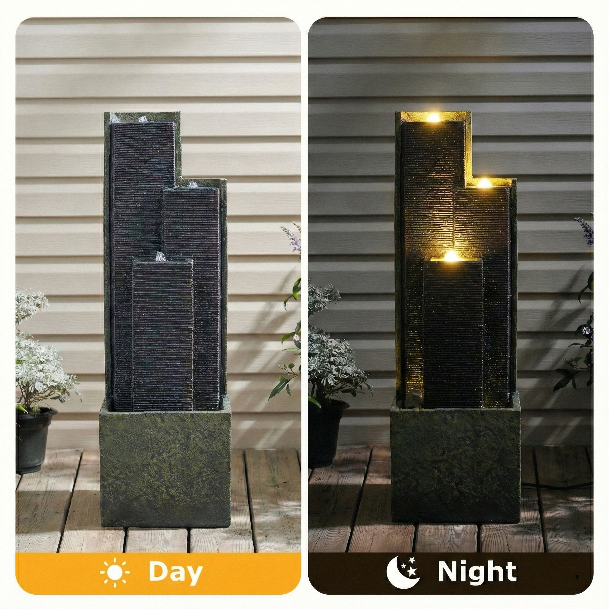 39" H Outdoor Water Fountain Modern Cascading Freestanding Fountain with LED Lights for Garden Patio Porch Lawn