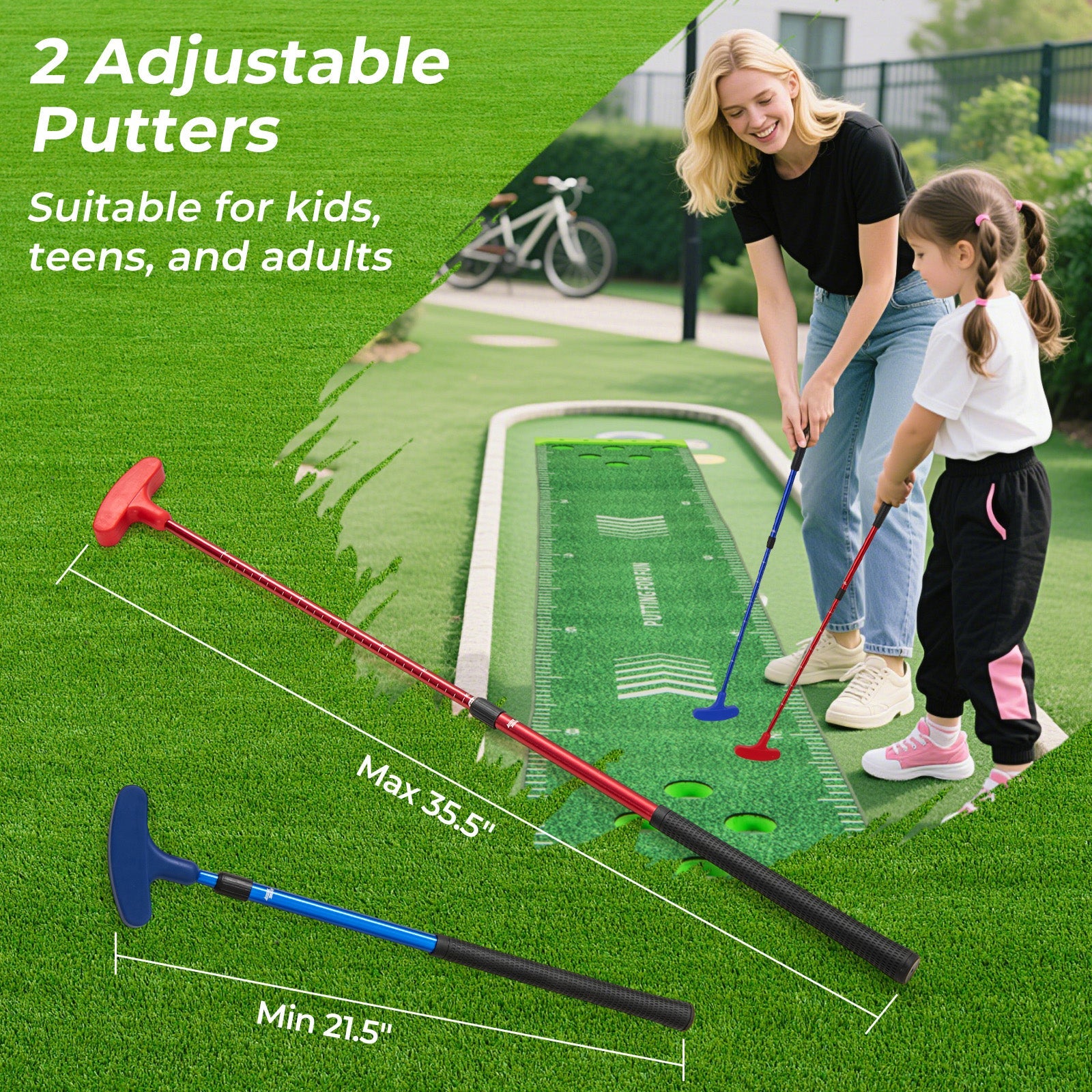 11 FT Putting Green Mat with 2 Adjustable Putters and 6 Balls