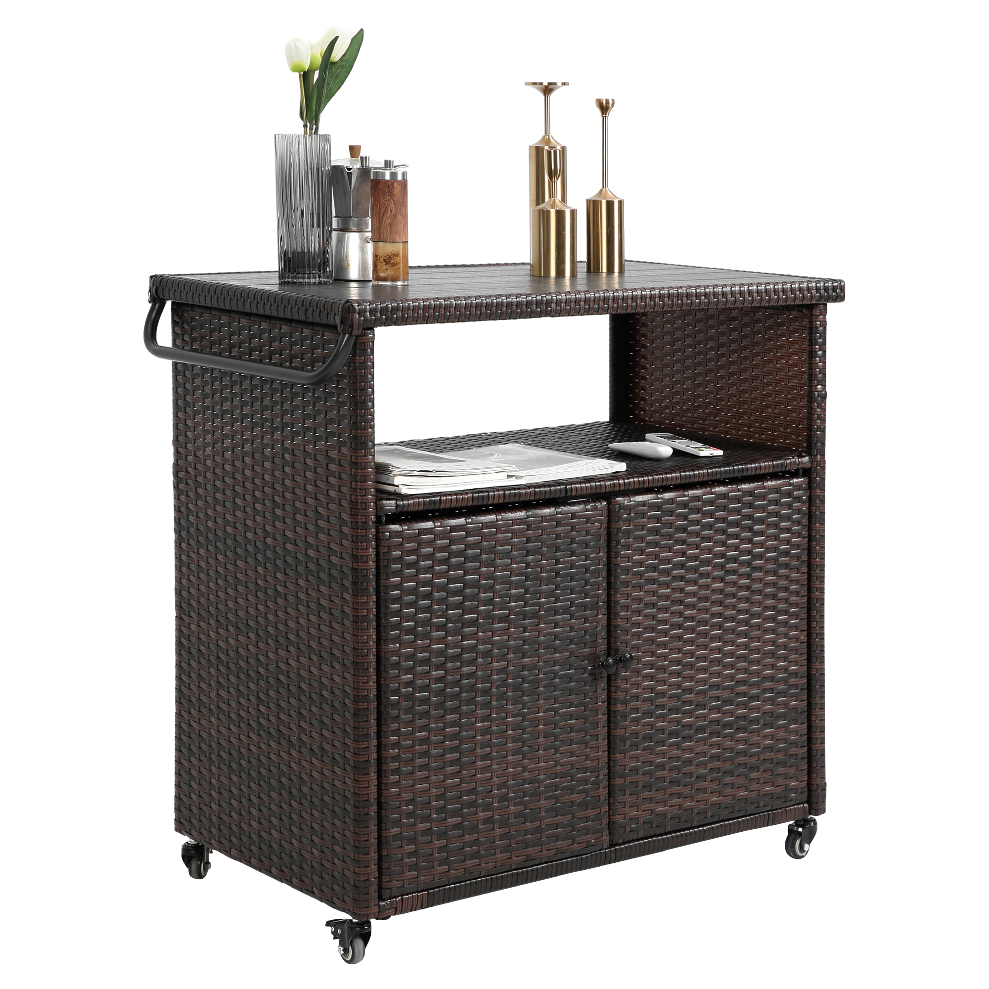 Outdoor Wicker Bar Cart, Patio Wine Serving Cart