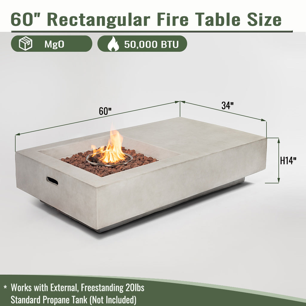 60" Propane Gas Outdoor Fire Pit Table, 50,000 BTU Rectangular Concrete Fire Pit for Patio & Backyard- Light Gray