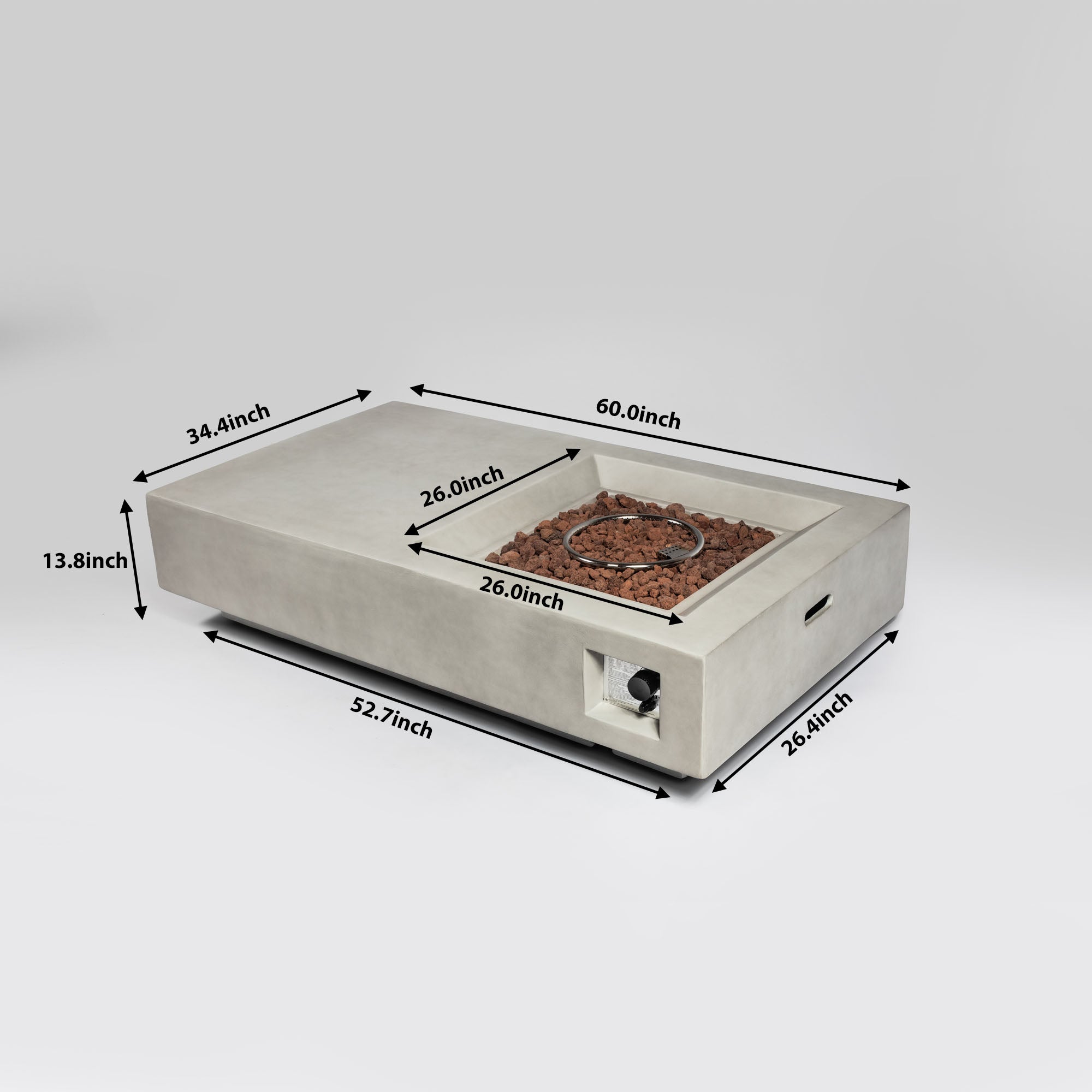 60" Propane Gas Outdoor Fire Pit Table, 50,000 BTU Rectangular Concrete Fire Pit for Patio & Backyard- Light Gray