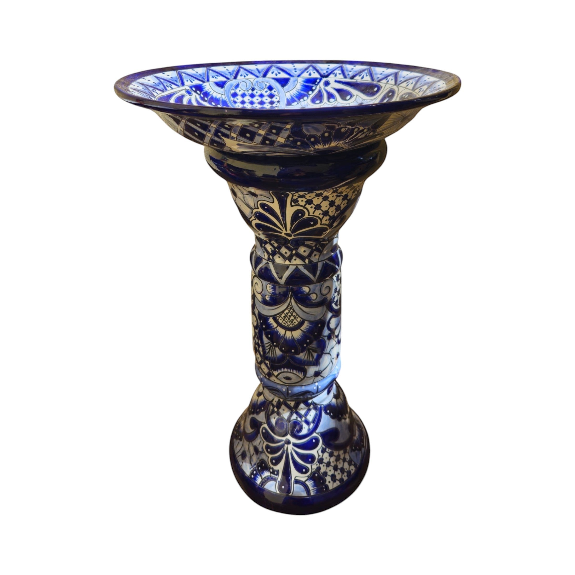 Blue & White Talavera Bird Bath | Mexican Garden Art