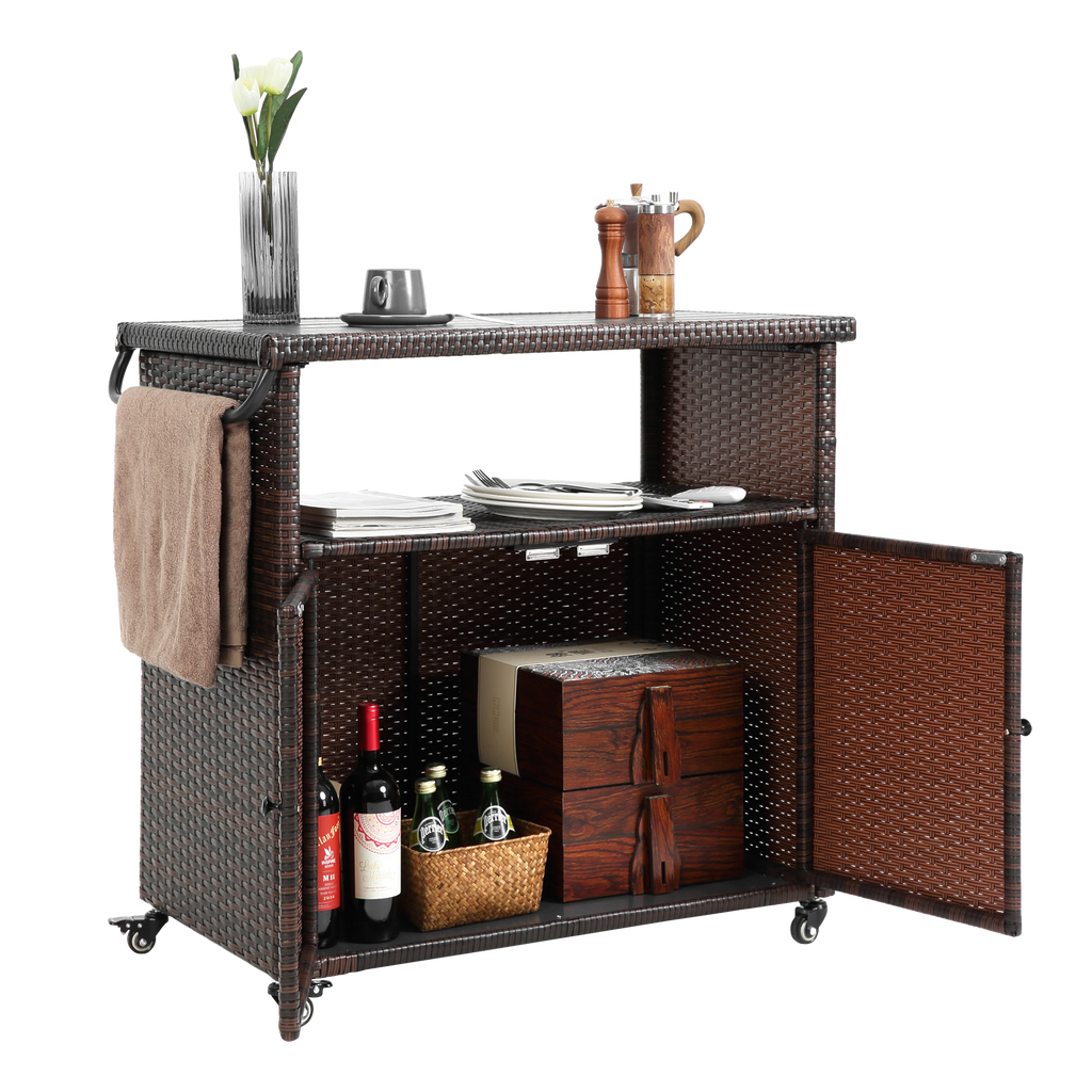 Outdoor Wicker Bar Cart, Patio Wine Serving Cart