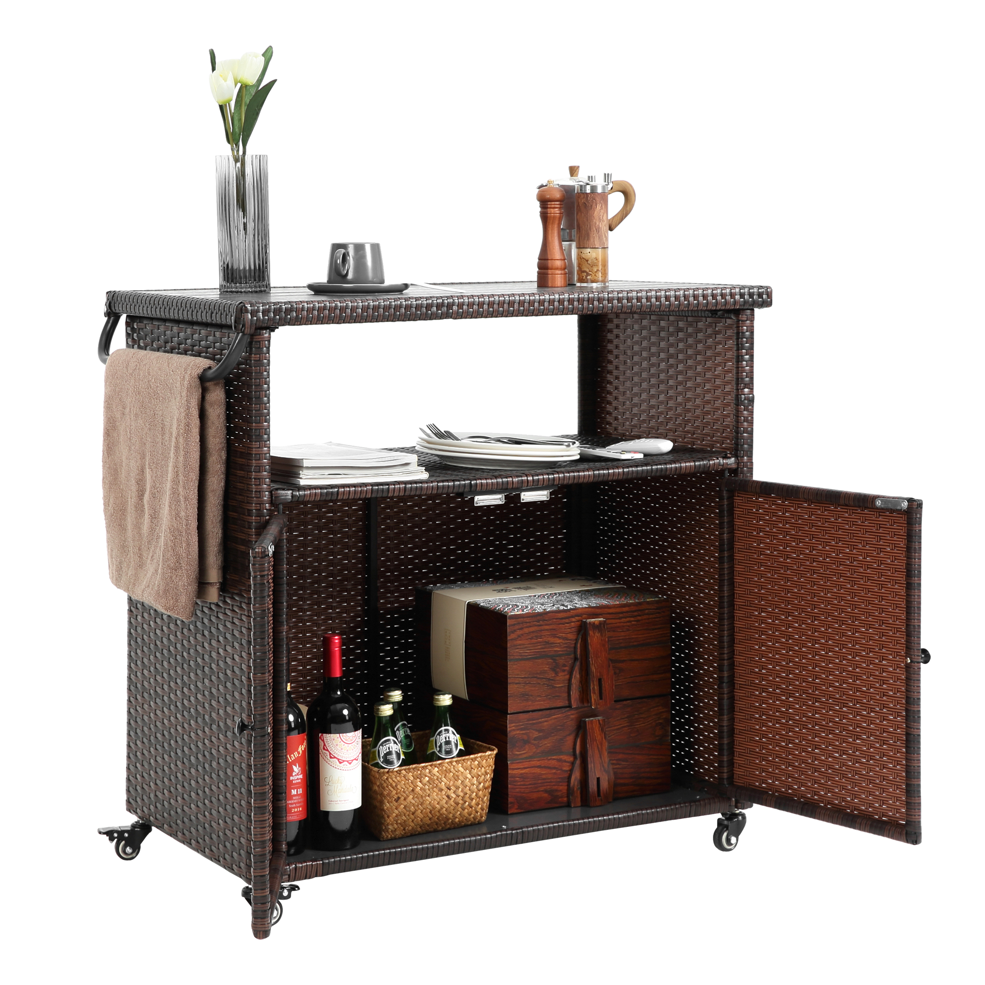 Outdoor Wicker Bar Cart, Patio Wine Serving Cart