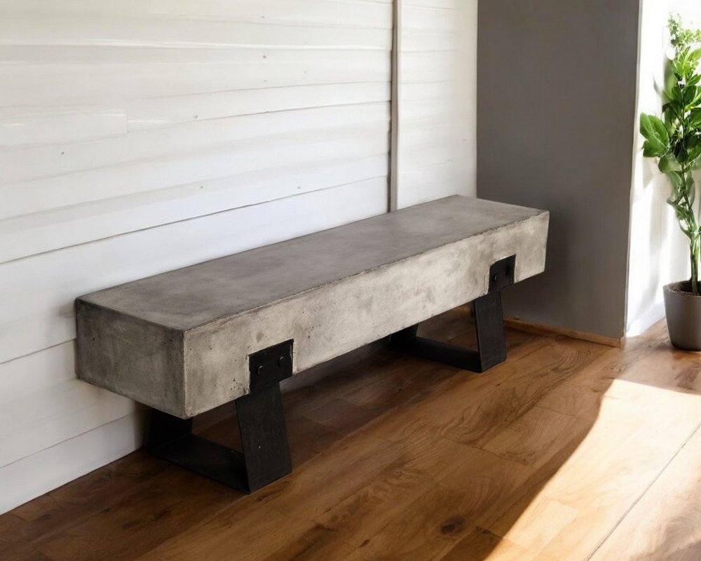 75" Gray and Black Metal and Concrete Indoor/Outdoor Bench