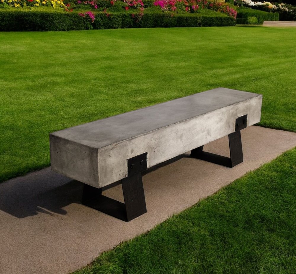 75" Gray and Black Metal and Concrete Indoor/Outdoor Bench