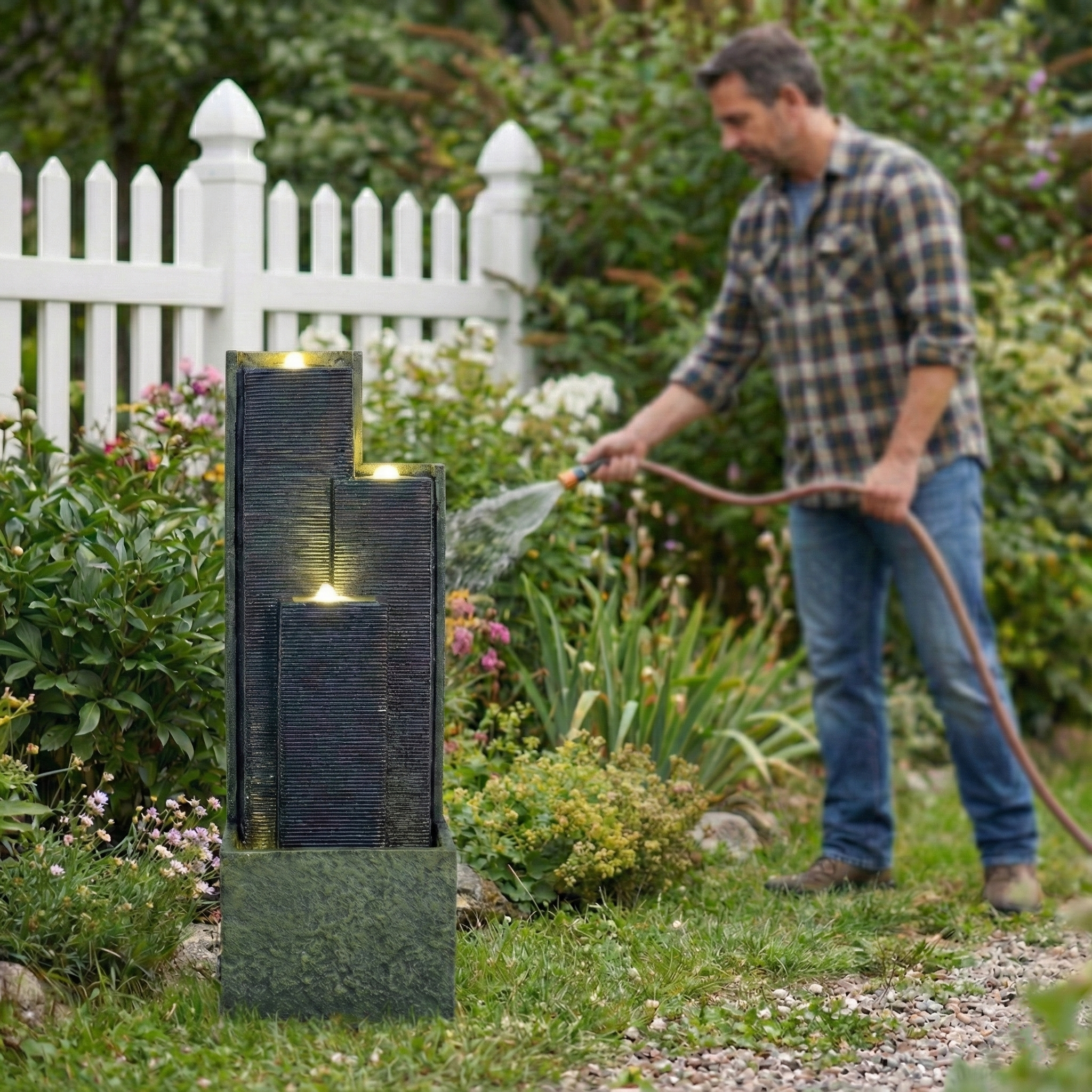 39'' H Outdoor Water Fountain with LED Lights