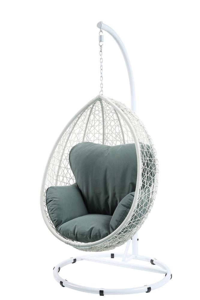 38" White Metal Swing Chair with Green Cushion