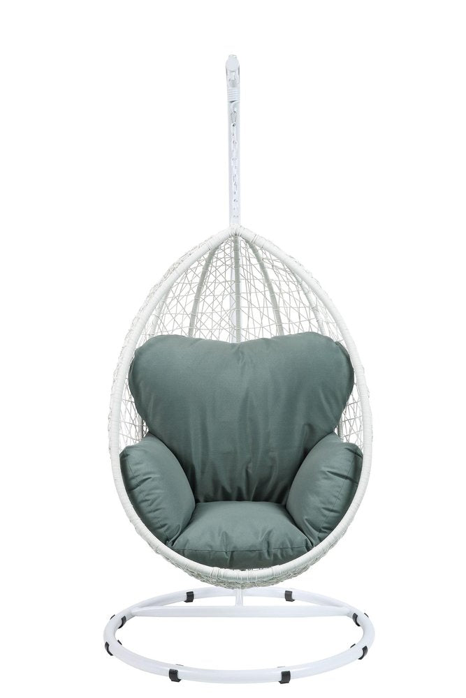 38" White Metal Swing Chair with Green Cushion