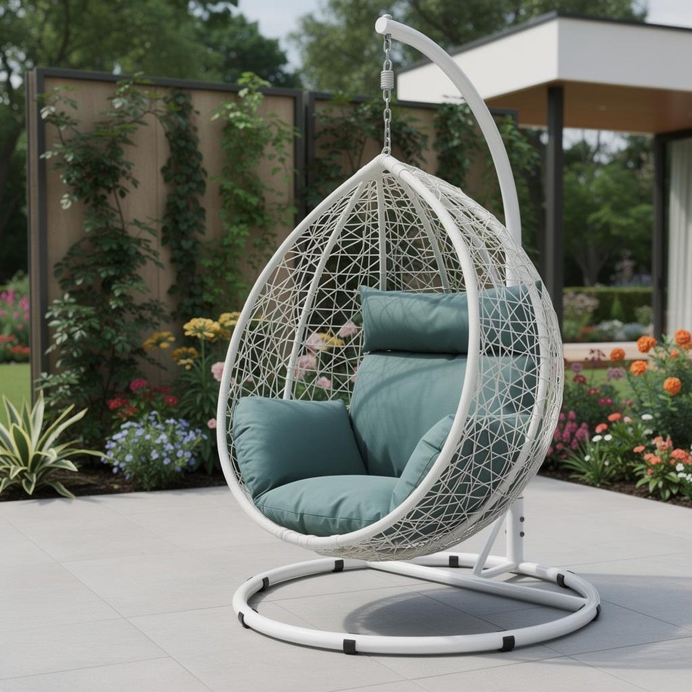 38" White Metal Swing Chair with Green Cushion