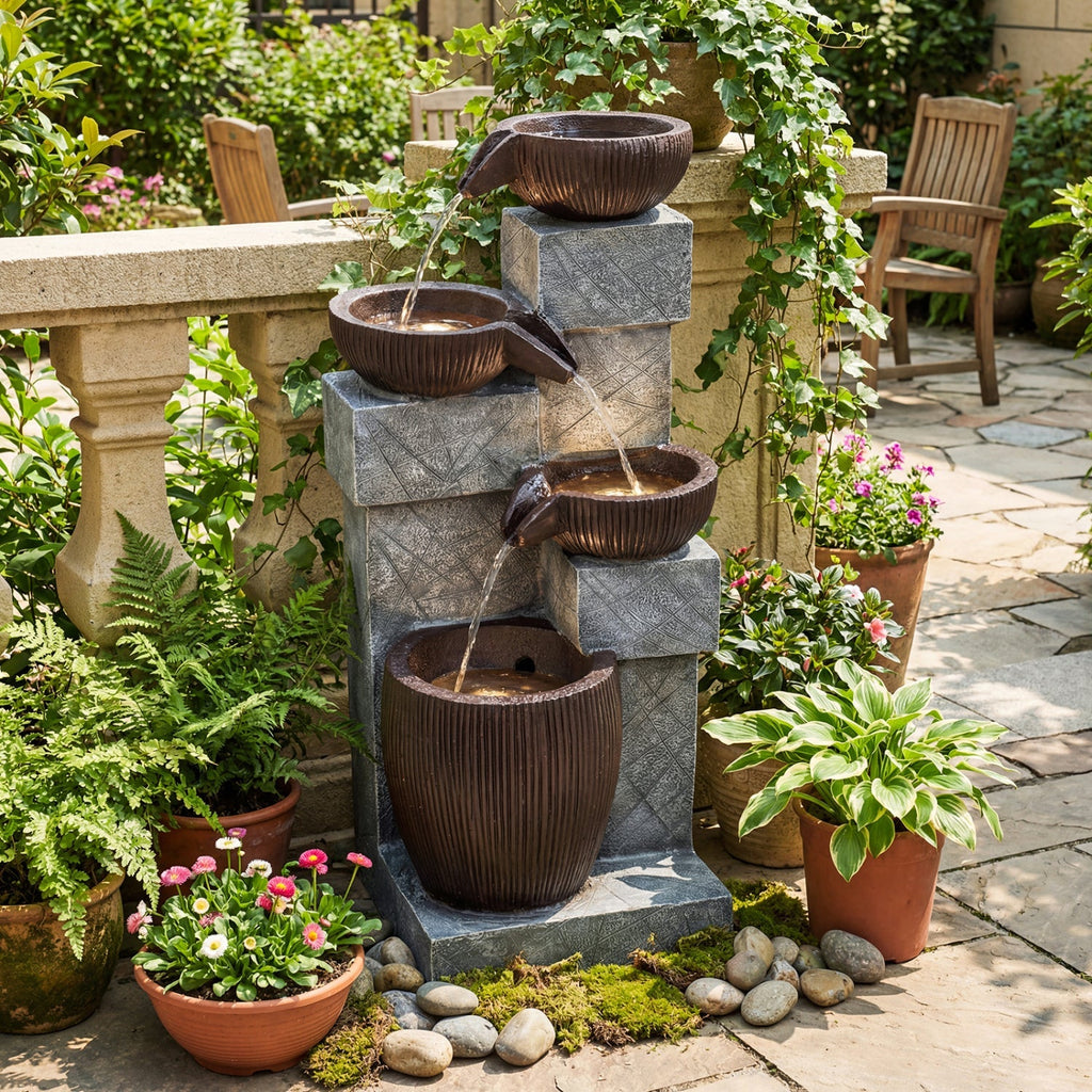 4-Tier Cascading Bowl Outdoor Water Fountain with LED Lights
