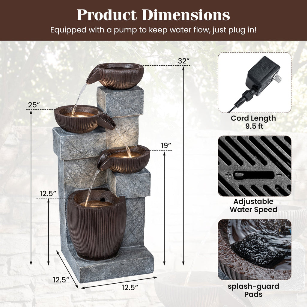4-Tier Cascading Bowl Outdoor Water Fountain with LED Lights