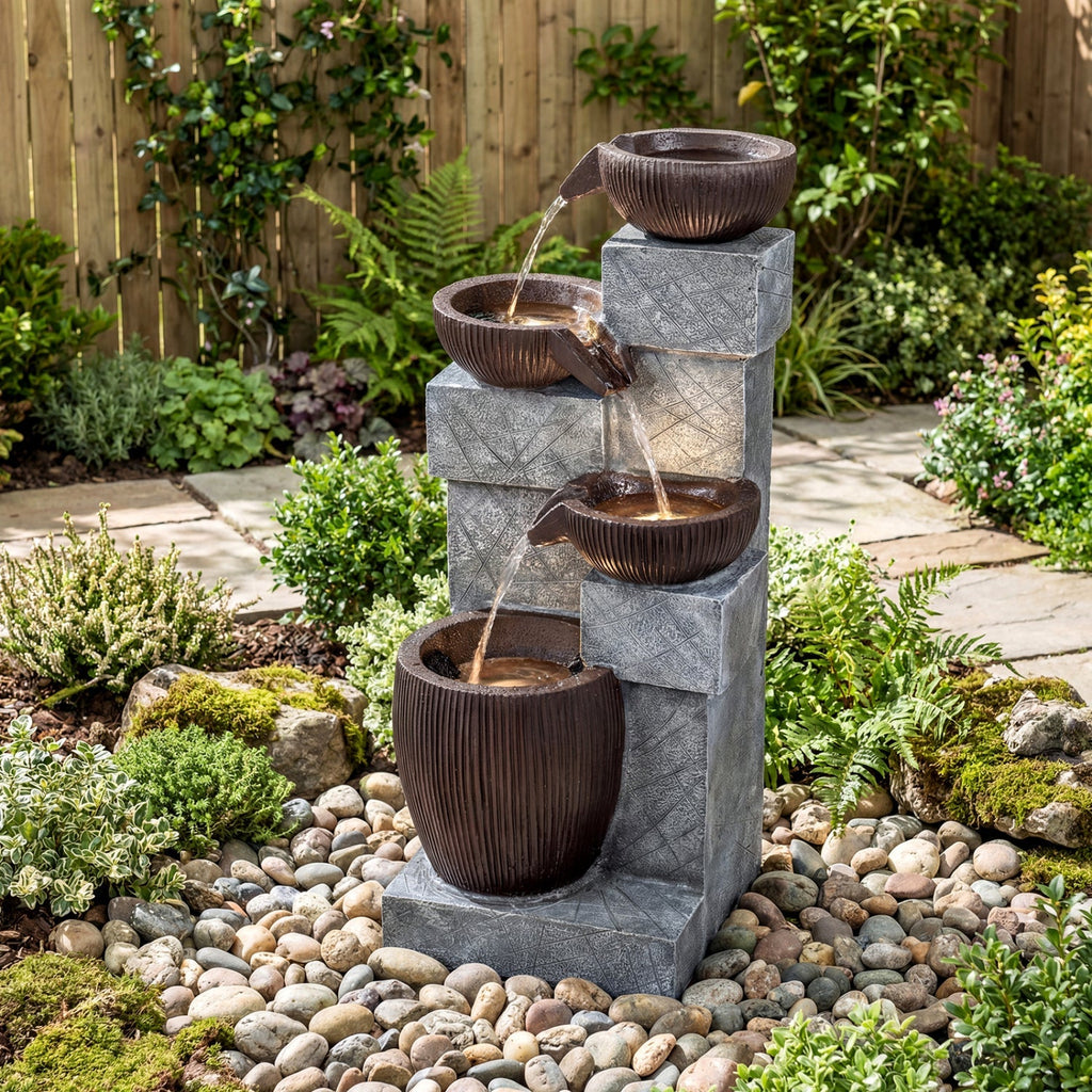 4-Tier Cascading Bowl Outdoor Water Fountain with LED Lights