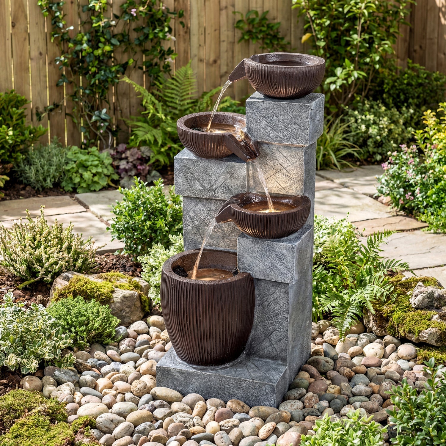 4-Tier Cascading Bowl Outdoor Water Fountain with LED Lights