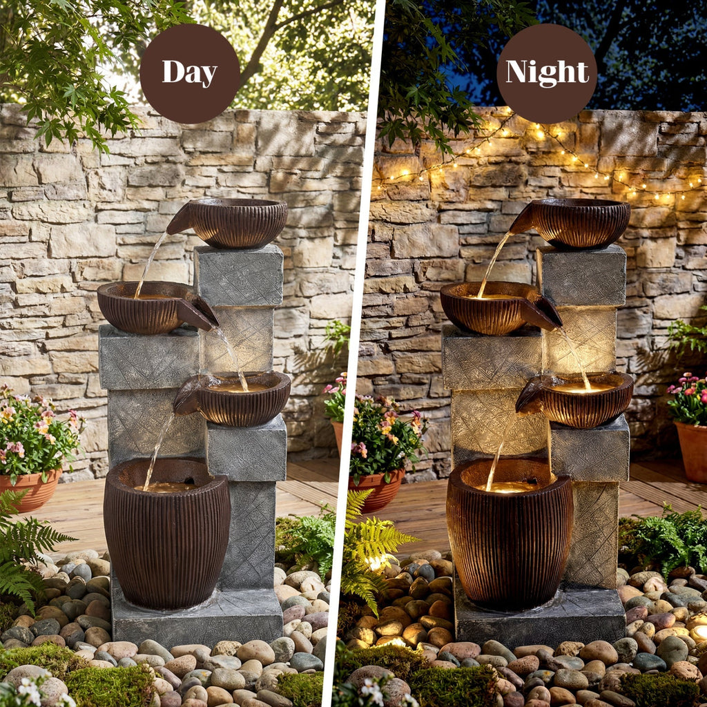 4-Tier Cascading Bowl Outdoor Water Fountain with LED Lights