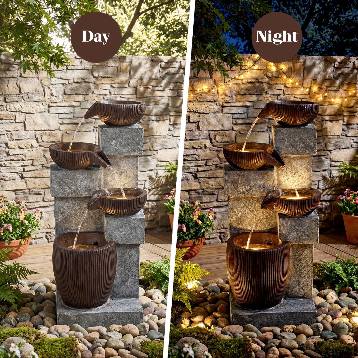 4-Tier Cascading Bowl Outdoor Water Fountain with LED Lights