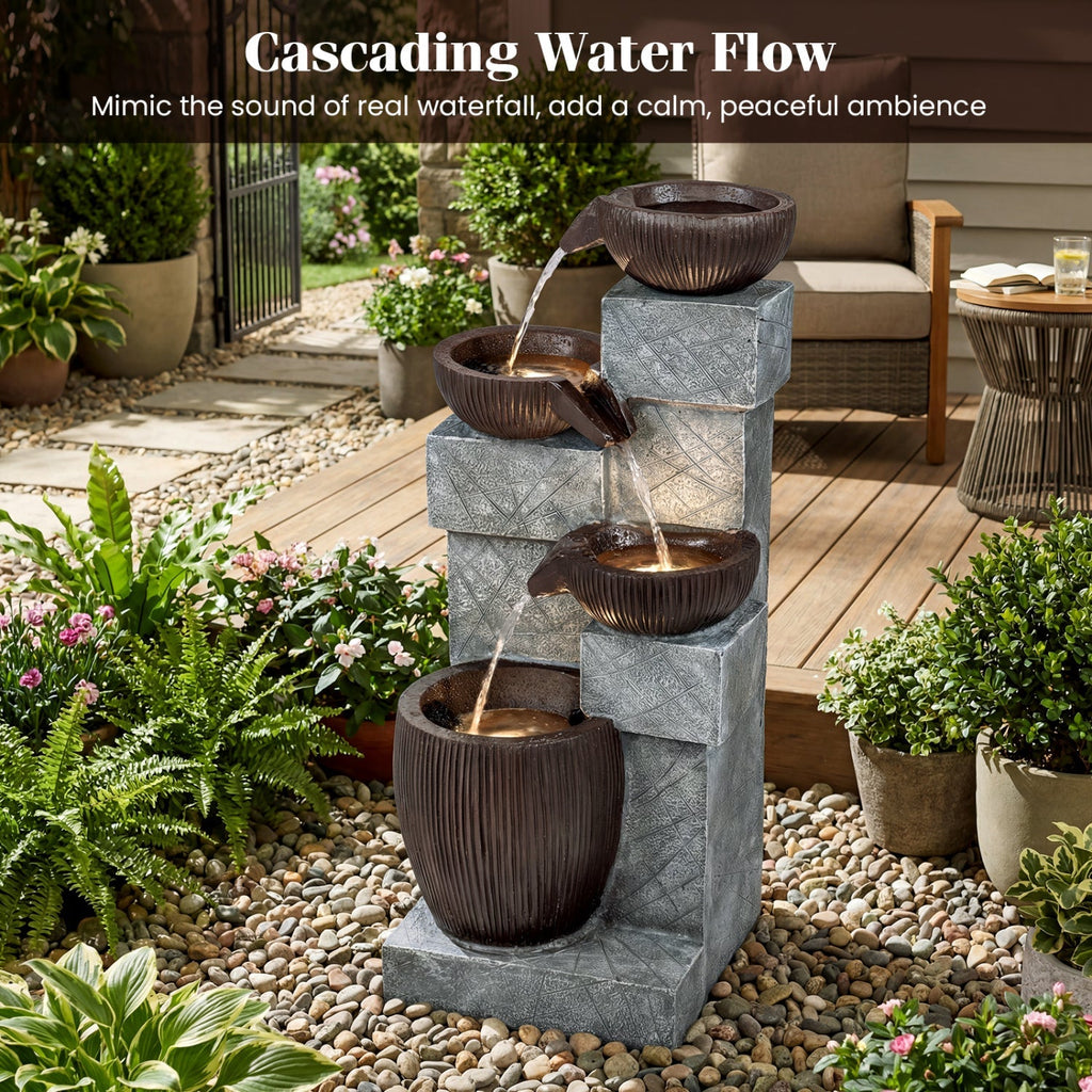 4-Tier Cascading Bowl Outdoor Water Fountain with LED Lights