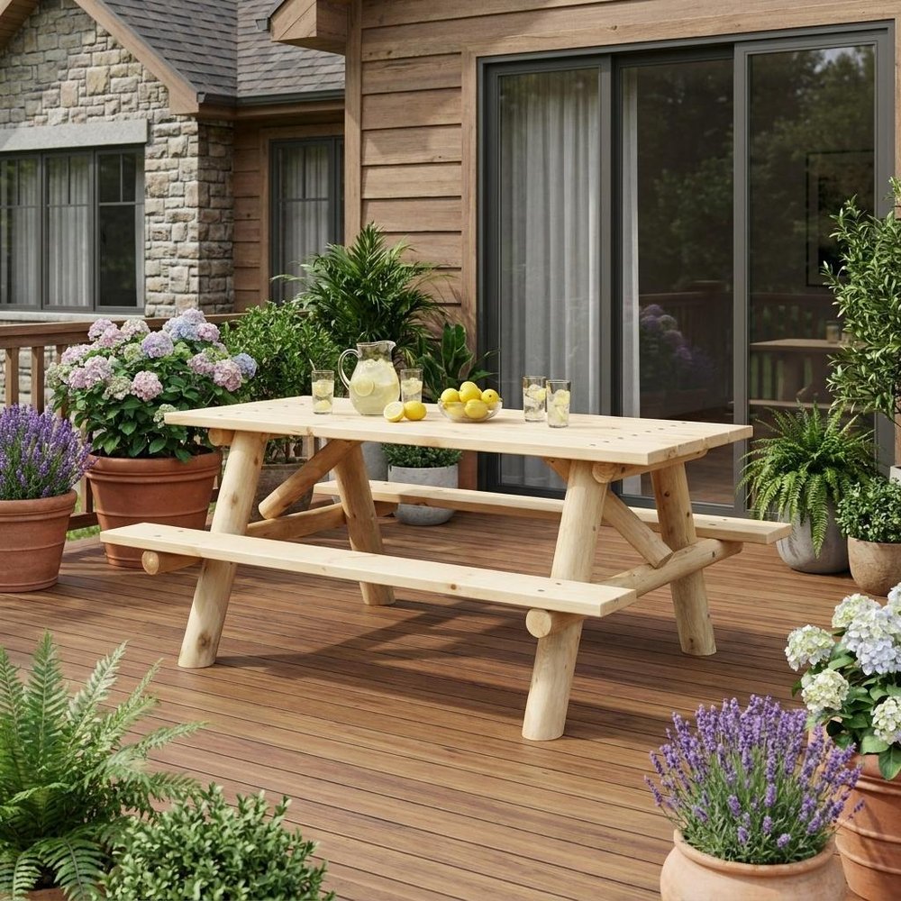 70" Natural Solid Wood Outdoor Patio Picnic Table