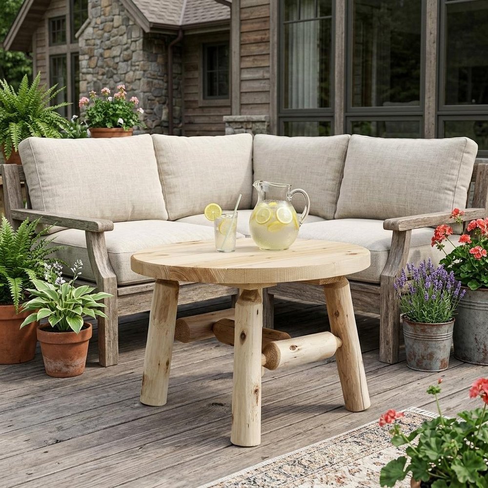 25" Natural Rounded Solid Wood Outdoor Patio Coffee Table