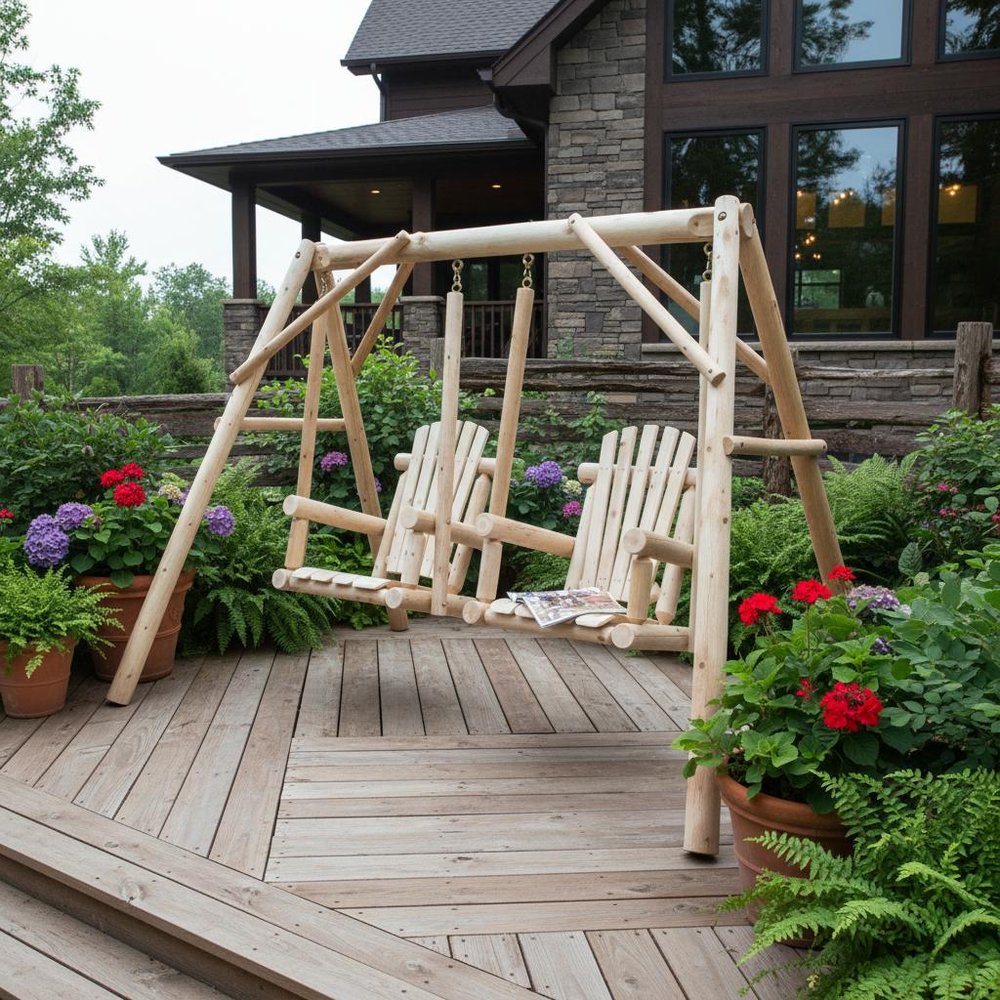 87" Natural Solid Wood Outdoor Patio Double Swing Chair