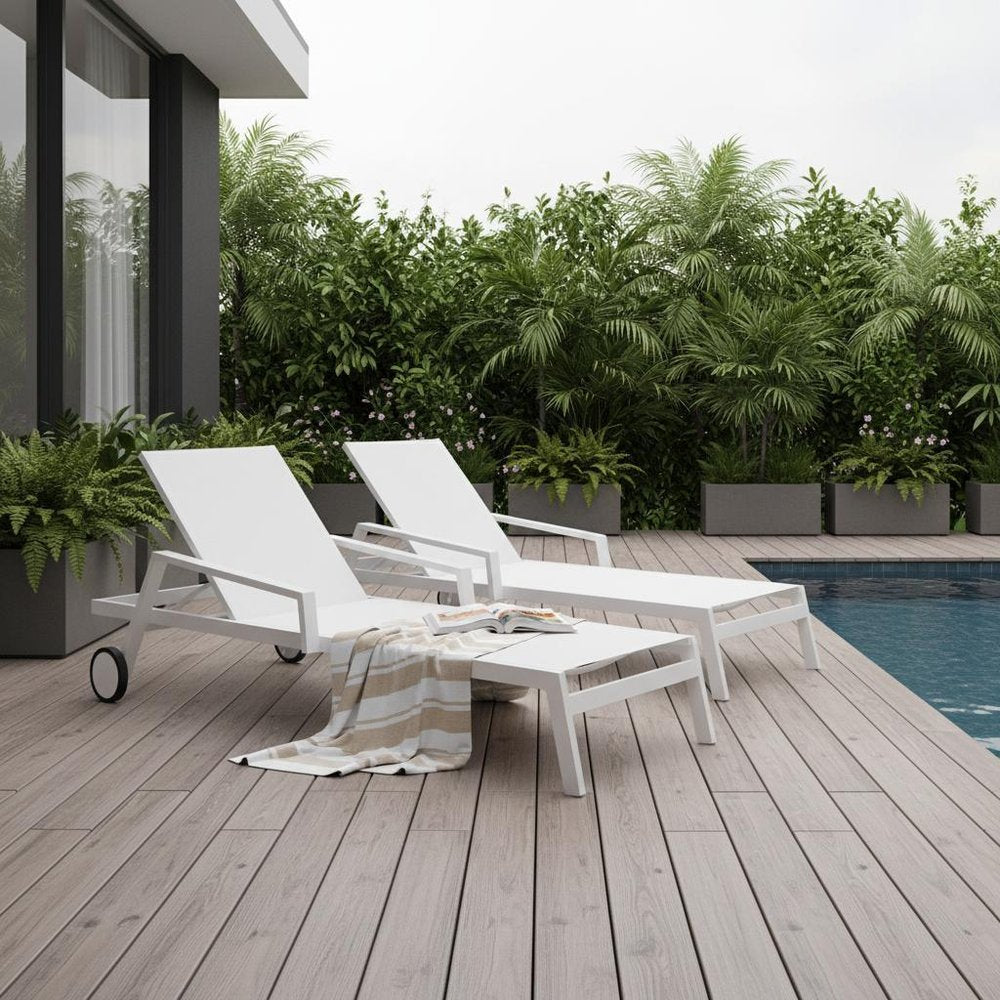 Set Of 2 White Modern Aluminum Chaise Lounges - Outdoor Patio Chair