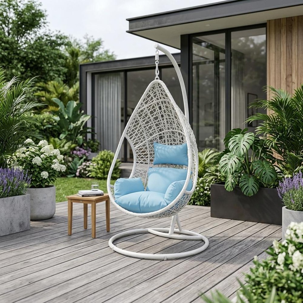 40" Blue and Steel stand finished Metal Outdoor Patio Swing Chair with Blue Cushion