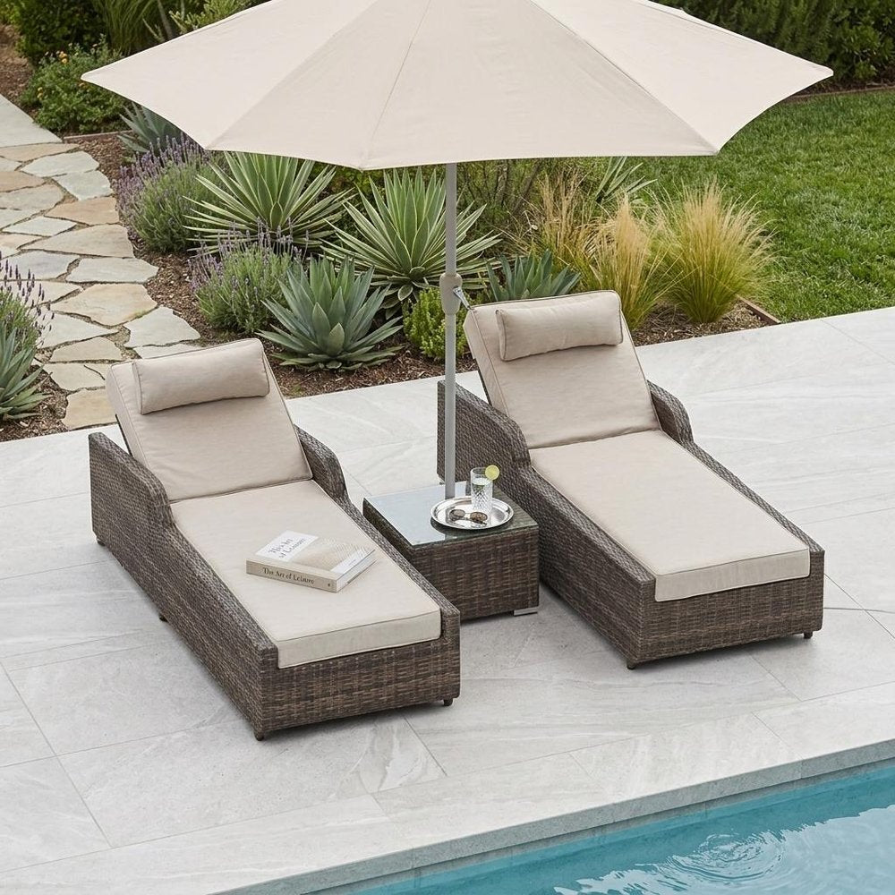 78" Set of Two Brown Indoor/Outdoor Patio Chaise Lounge with Beige Cushion - Outdoor Patio Chair