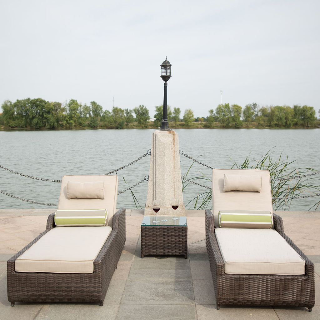 78" Set of Two Brown Indoor/Outdoor Patio Chaise Lounge with Beige Cushion - Outdoor Patio Chair