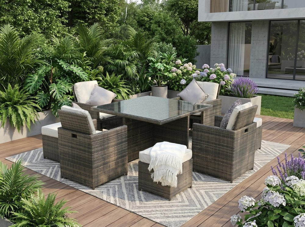Outdoor Patio 9-Piece Clear and Gray Glass Dining Set