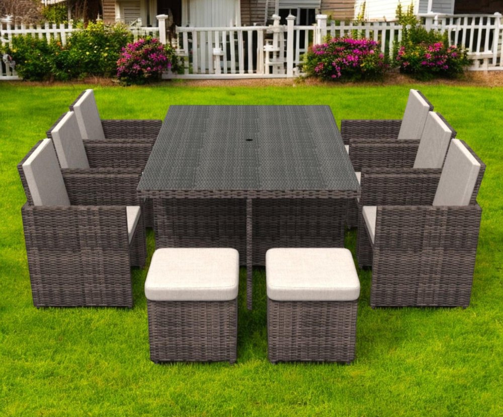 Outdoor Patio 11-Piece Clear and Gray Glass Dining Set
