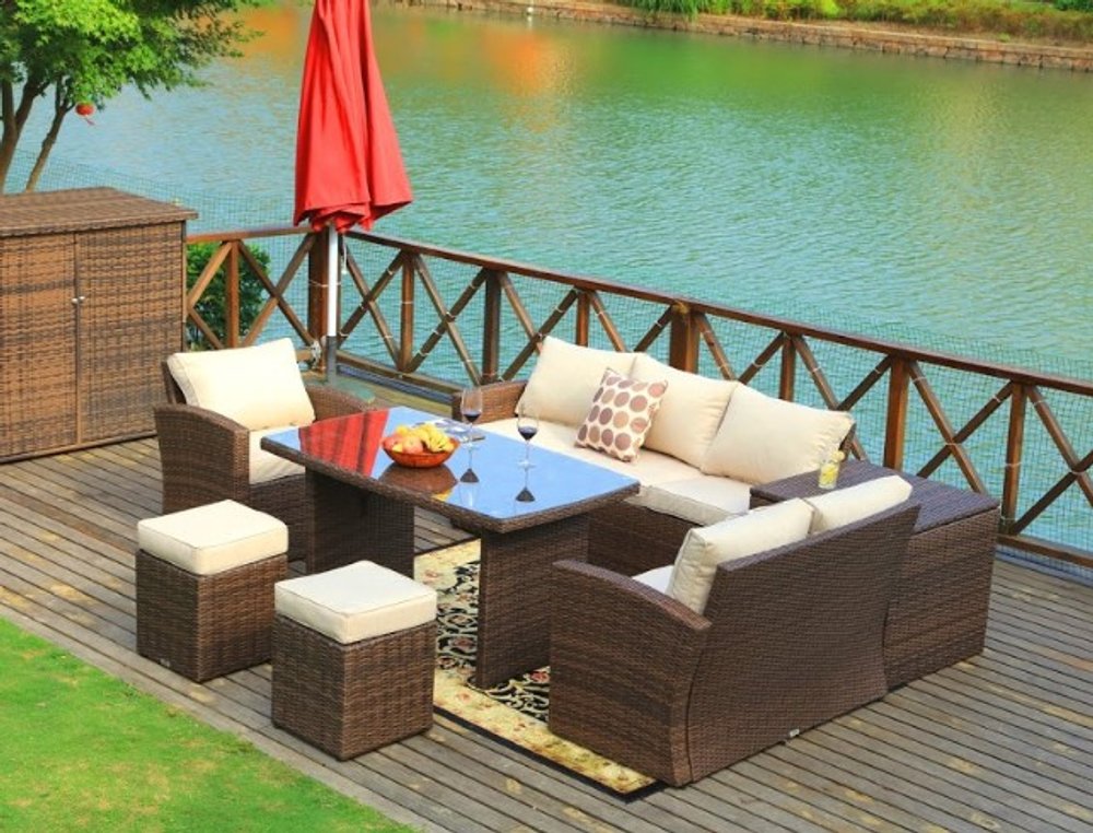 179.85" x 31.89" 32.68" Brown 7Piece Steel Outdoor Sectional Sofa Set with Ottomans & Storage Box