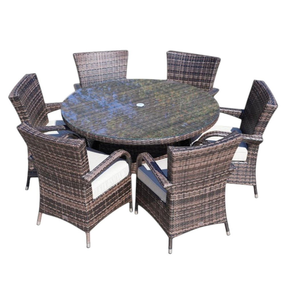 Outdoor Patio 7-Piece Clear and Gray Round Glass Dining Set