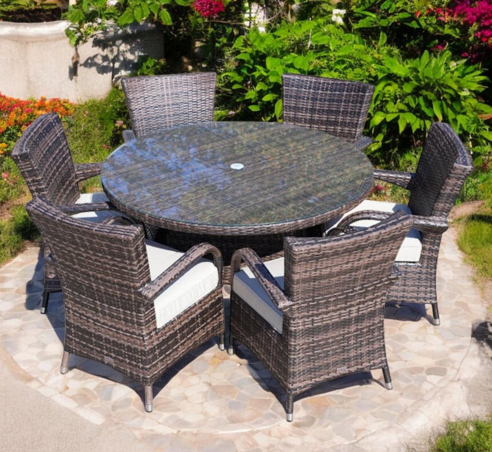 Outdoor Patio 7-Piece Clear and Gray Round Glass Dining Set