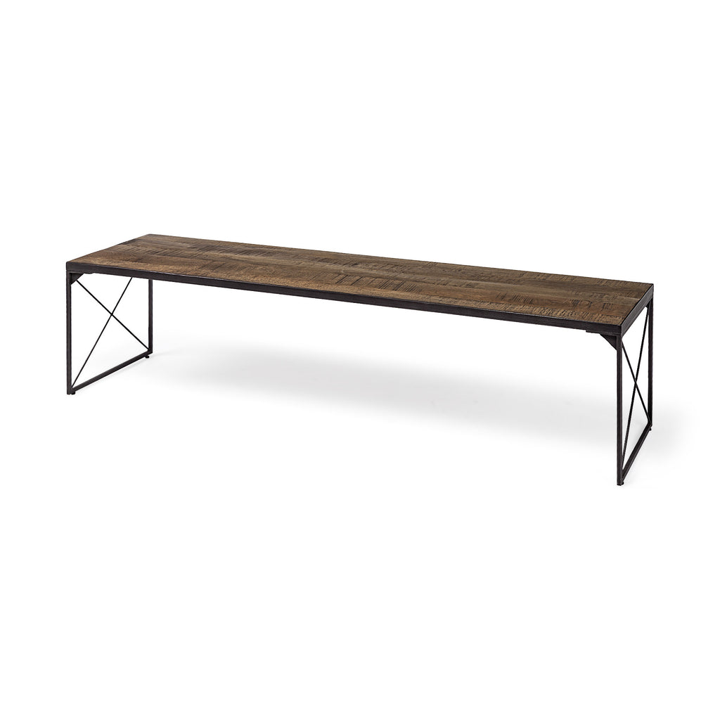 Rectangular Mango Woodmedium Brown Top & Black Iron Base Accent Outdoor Garden Bench