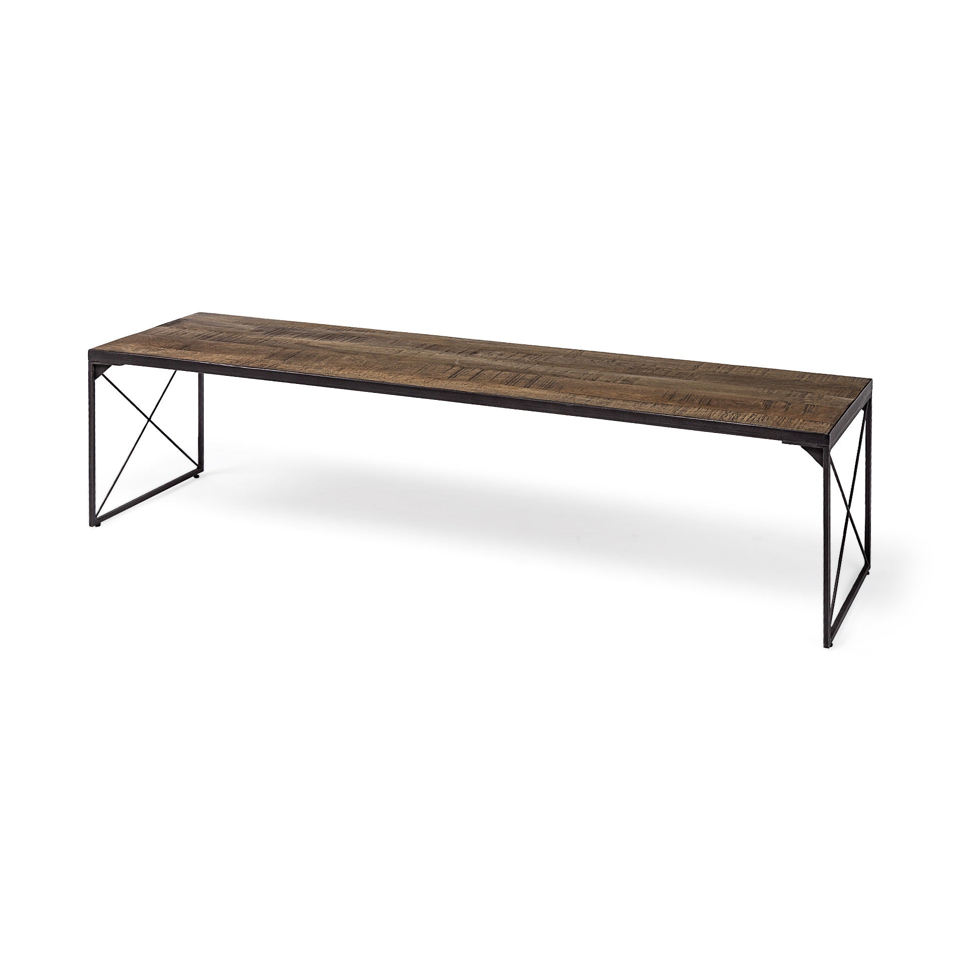 Rectangular Mango Woodmedium Brown Top & Black Iron Base Accent Outdoor Garden Bench