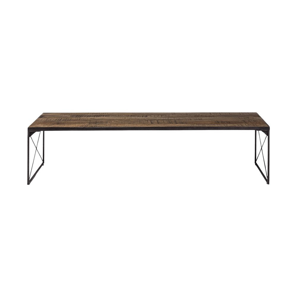 Rectangular Mango Woodmedium Brown Top & Black Iron Base Accent Outdoor Garden Bench