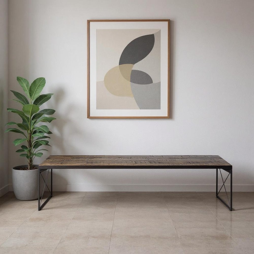 Rectangular Mango Woodmedium Brown Top & Black Iron Base Accent Outdoor Garden Bench