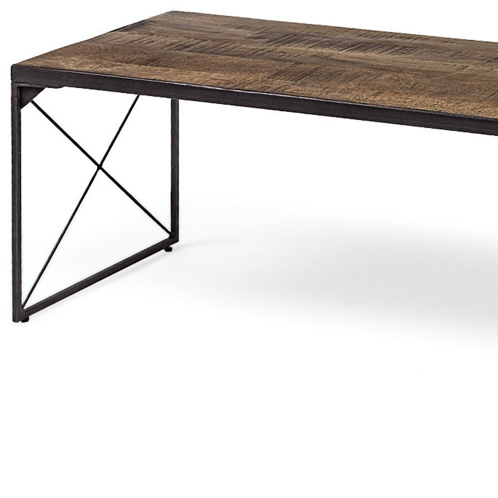 Rectangular Mango Woodmedium Brown Top & Black Iron Base Accent Outdoor Garden Bench