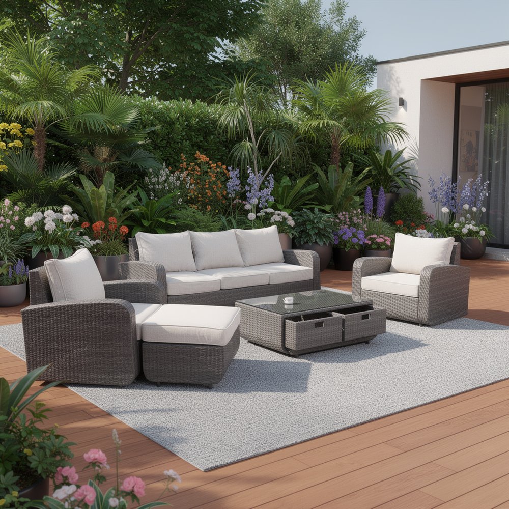 5-Piece Brown and Beige Wicker Outdoor Patio Conversation Set with Table