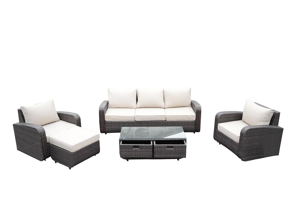 5-Piece Brown and Beige Wicker Outdoor Patio Conversation Set with Table