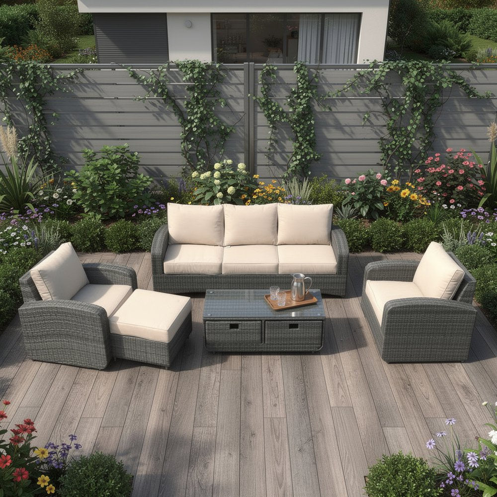 5-Piece Gray and Beige Wicker Outdoor Patio Conversation Set with Table