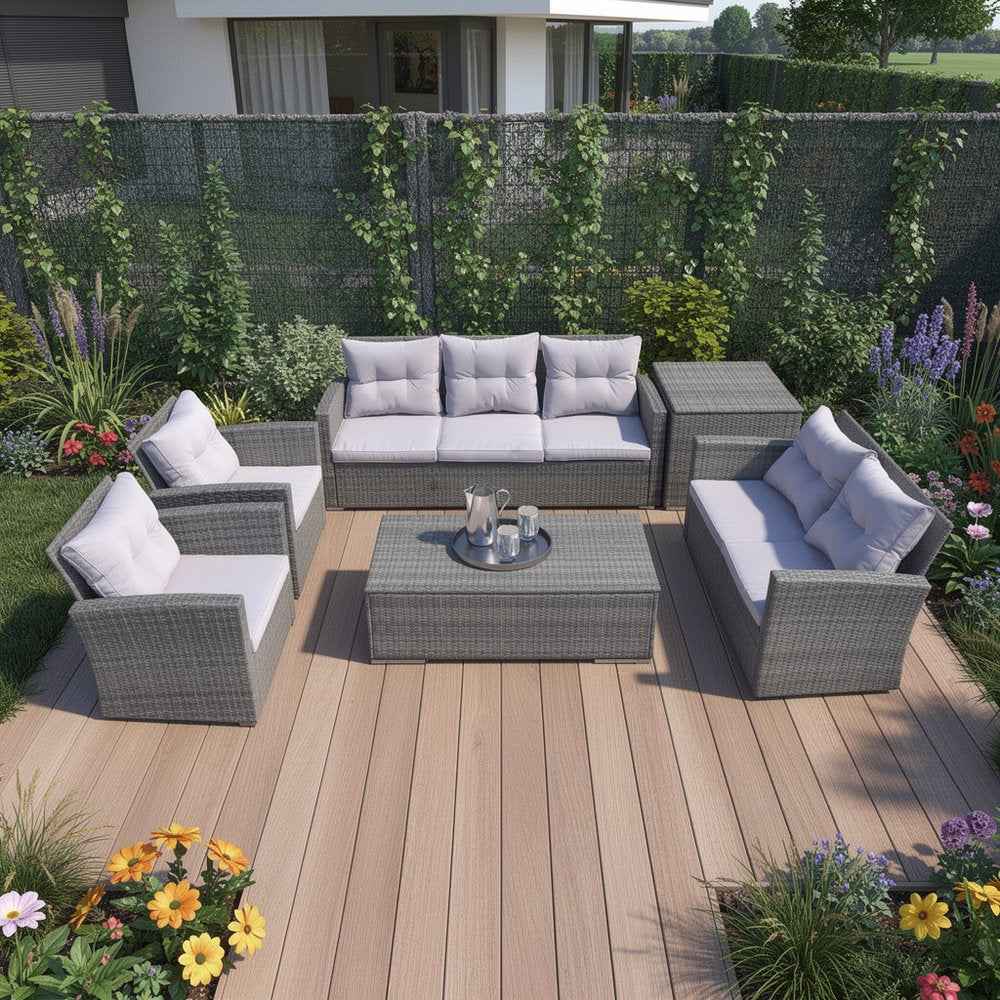 6-Piece Gray Wicker Outdoor Patio Conversation Set with Table