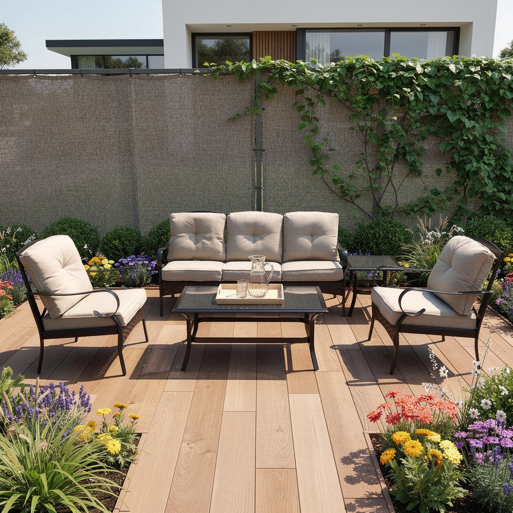 5-Piece Black and Beige Metal Outdoor Patio Conversation Set with Table