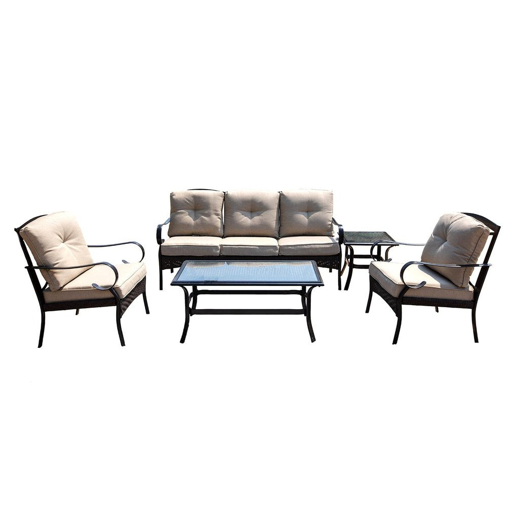 5-Piece Black and Beige Metal Outdoor Patio Conversation Set with Table