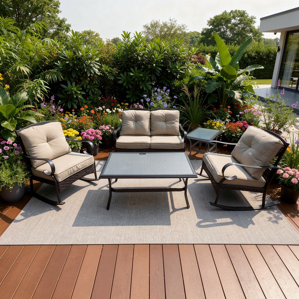 5-Piece Black and Beige Metal Outdoor Patio Conversation Set with Table