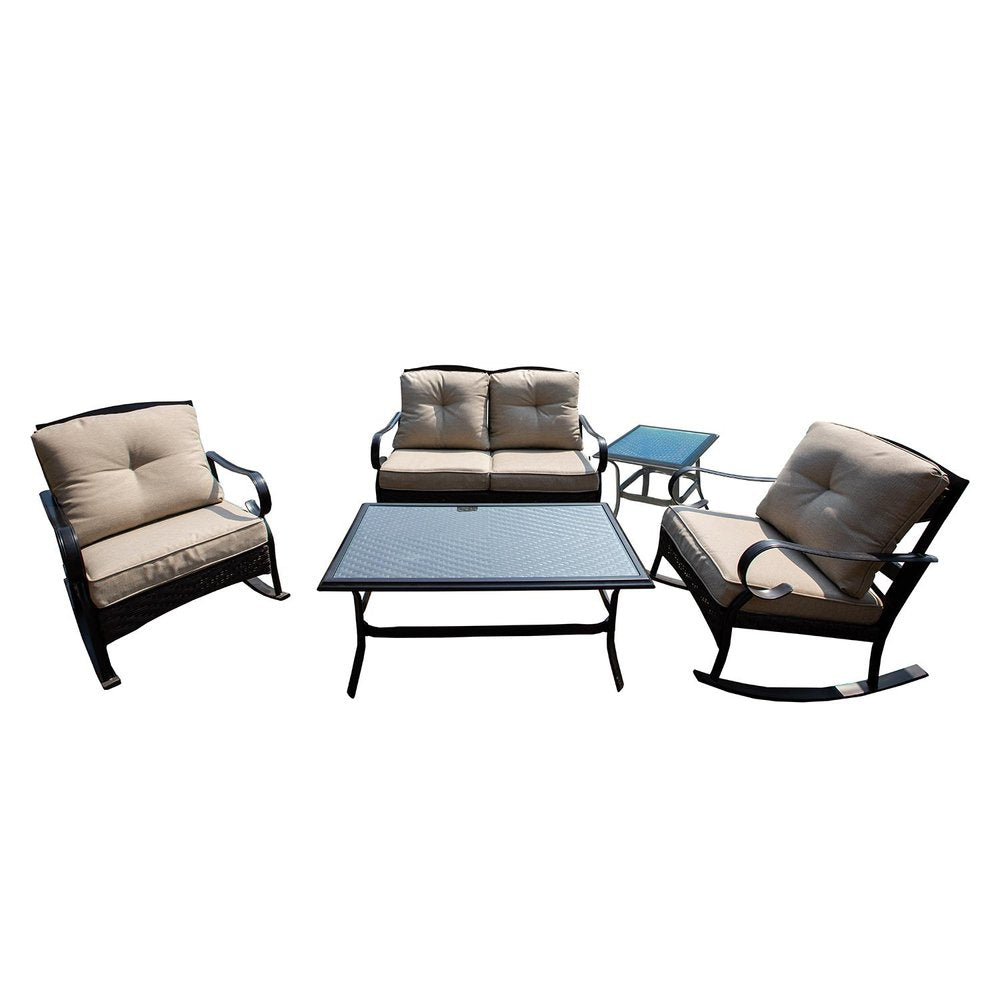 5-Piece Black and Beige Metal Outdoor Patio Conversation Set with Table