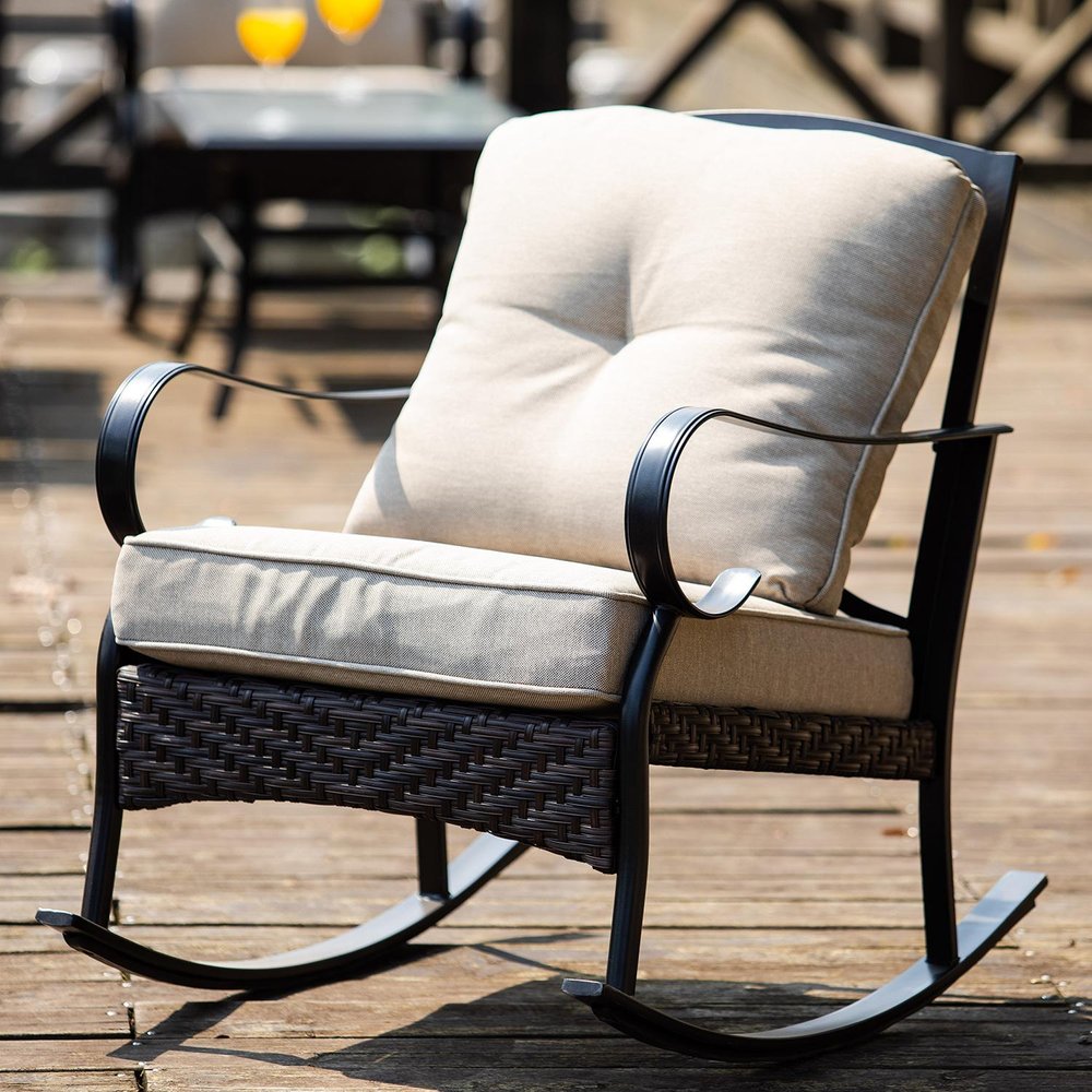 5-Piece Black and Beige Metal Outdoor Patio Conversation Set with Table