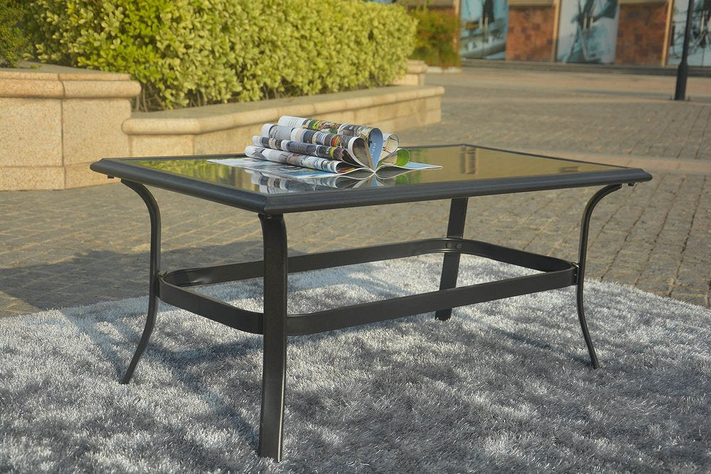 5-Piece Black and Beige Metal Outdoor Patio Conversation Set with Table