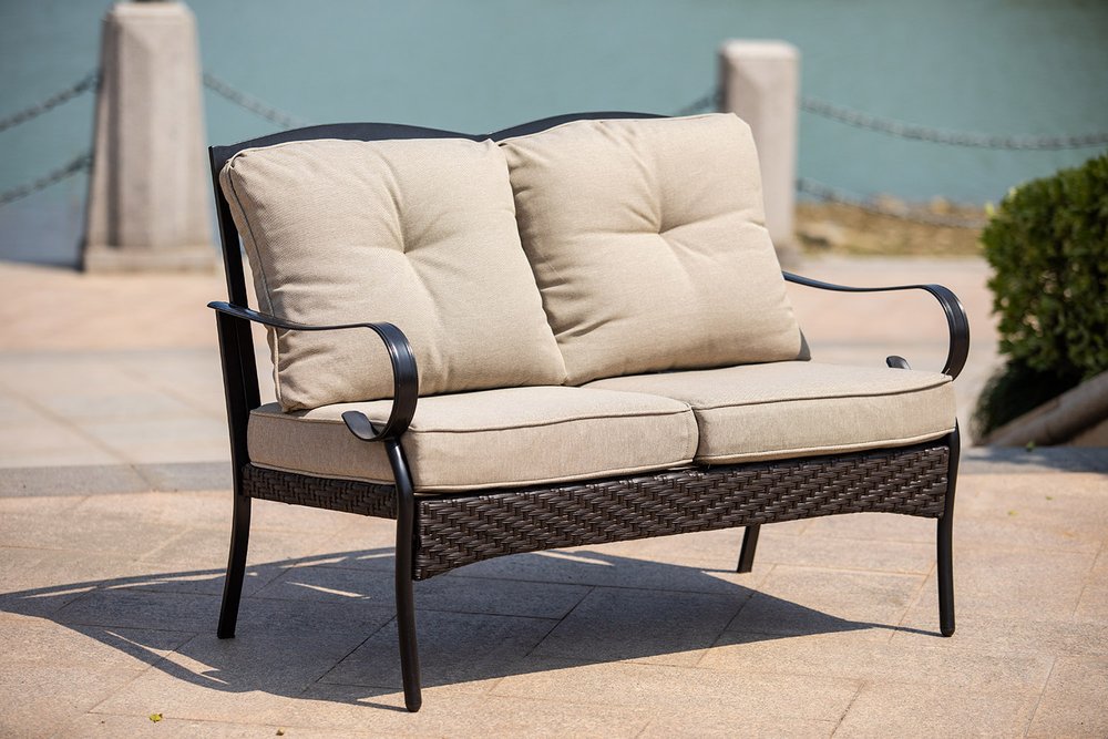5-Piece Black and Beige Metal Outdoor Patio Conversation Set with Table